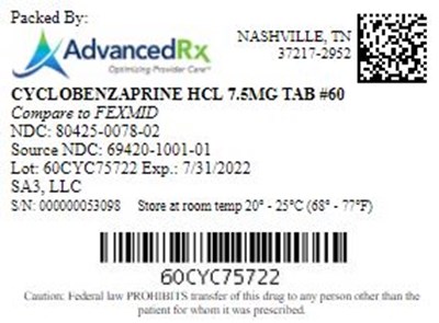 Cyclobenzaprine HCl 7.5mg Tab Qty 60 Ndc 80425 0078